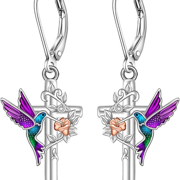 Sterling Silver Hummingbird Earrings Dangle Cubic Zirconia Women Gifts - Picture 1 of 9